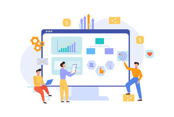 Strategy website seo analytics illustration. Analysts marketers studying site for traffic collection of infographic information digital optimization charts innovation web strategy. Vector flat.