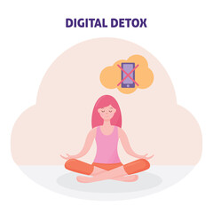 Digital detox concept. Female character. Woman. Girl. Refusal of detoxification phone. The practice of calm, relaxation.Modern lifestyle. Vector illustration