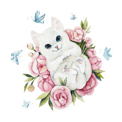 Kitten and roses. Water color painting. Greeting cards. Roses background, watercolor composition. Flower backdrop. Decoration with blooming roses, hand-drawing. Illustration.