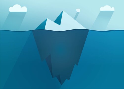 Iceberg flat vector floating on sea with underwater part cartoon illustration, ice berg or glacier in ocean under water on sky clouds landscape