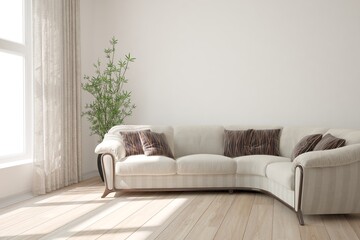 modern room with sofa,pillows and curtains interior design. 3D illustration