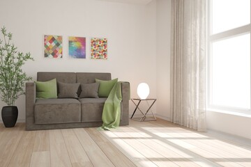modern room with sofa,pillows,picture,table,lamp and plant in black pot interior design. 3D illustration
