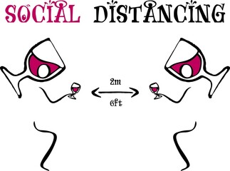 Social distance Keep a safe distance of 2 meters or 6 feet between cafe or restaurant icon tables. People toasting. Vector image. Hand drawn lines. 