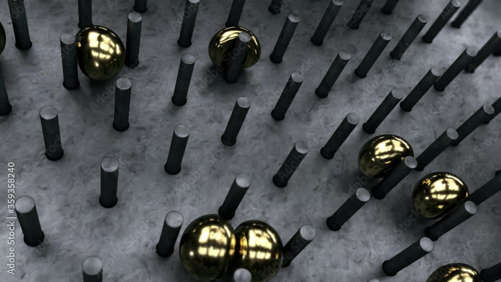 Poster 3d animation of soft golden drops that jump and fall on a metal surface. abstract technological anim