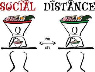 Social Distance Keep a safe distance of 2 meters or 6 feet between the bar or restaurant icon tables. People who eat Ramen Noodles. Vector image. Hand drawn lines. 