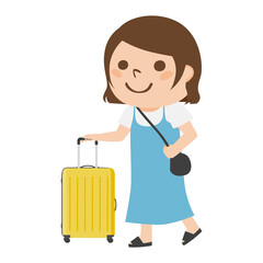 黄色の小さなスーツケースを持って旅行に行く女性のイラスト。