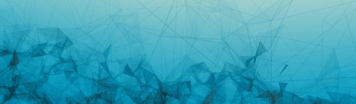 Black Trippy Abstract Plexus Polygon Wireframe Shapes On Blue Gradient Background. Half Banner Web Banner 3D Illustration.