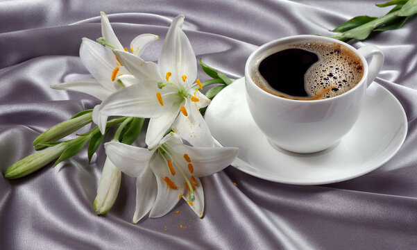 coffee in a white cup. cup of coffee and white lily flower on a silk background. romantic coffee. close up