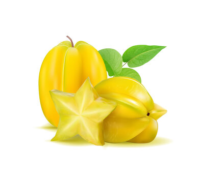 Karambola (star fruit) with slices and leaves on a white background. Realistic vector illustration, 3d