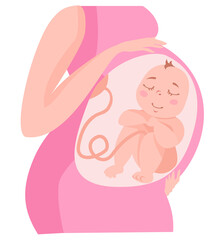 A pregnant woman with a happy healthy baby in her stomach. Pregnancy, mothers day. Flat vector illustration.