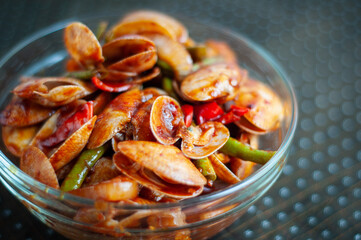 Spicy Paphia textile, or known as retak seribu lala fried with chillies. Served in a bowl. selective focus.