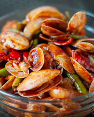 Spicy Paphia textile, or known as retak seribu lala fried with chillies. Served in a bowl. selective focus.
