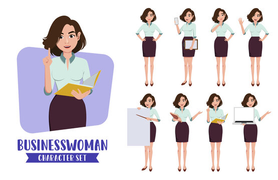 Business woman teacher character vector set. Businesswoman female teacher characters in school teaching and presenting business presentation for school and business collection design. 