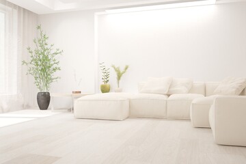 modern room with sofa,pillows,plants interior design. 3D illustration