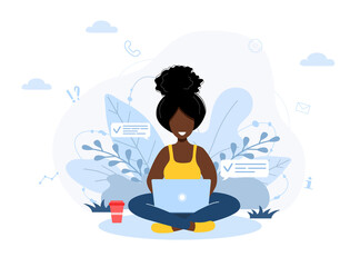 Womens freelance. African girl with laptop sitting on lawn in park. Concept illustration for working outdoors, studying, communication, healthy lifestyle. Vector illustration in flat style.