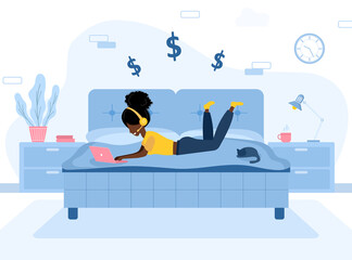Women freelance. African girl with laptop in headphones lying on the sofa. Concept illustration for working, studying, education, work from home, healthy lifestyle. Vector illustration in flat style.