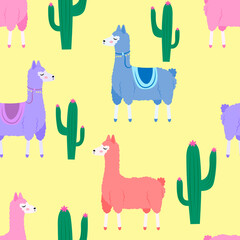Cute cartoon multi-colored llamas. Seamless pattern. Vector illustration isolated on a yellow background.