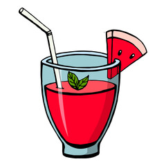 Hand drawn colored non-alcoholic drinks isolated on white background. Watermelon  fresh smoothie. Vector illustrations in sketch style.