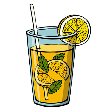 Hand drawn colored non-alcoholic drinks isolated on white background. Lemonade and mint leaves. Vector illustrations in sketch style.