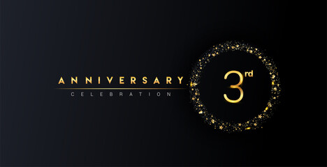 3rd anniversary logo with confetti and golden glitter ring isolated on black background, vector design for greeting card and invitation card.