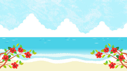 赤いハイビスカスが咲くビーチ