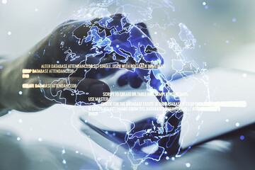 Abstract creative coding illustration with world map and finger clicks on a digital tablet on background, international software development concept. Multiexposure