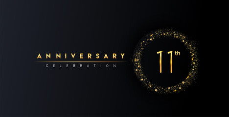 11th anniversary logo with confetti and golden glitter ring isolated on black background, vector design for greeting card and invitation card.