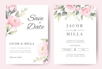 Rose flower watercolor wedding invitation card set template vector design.