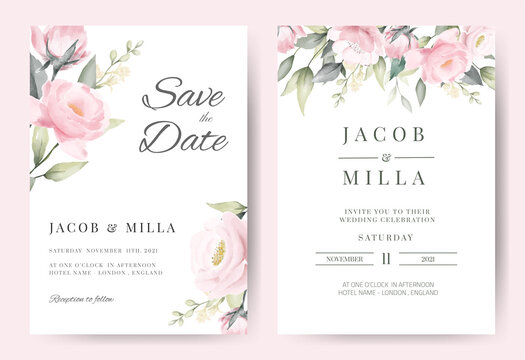 Rose Flower Watercolor Wedding Invitation Card Set Template Vector Design.