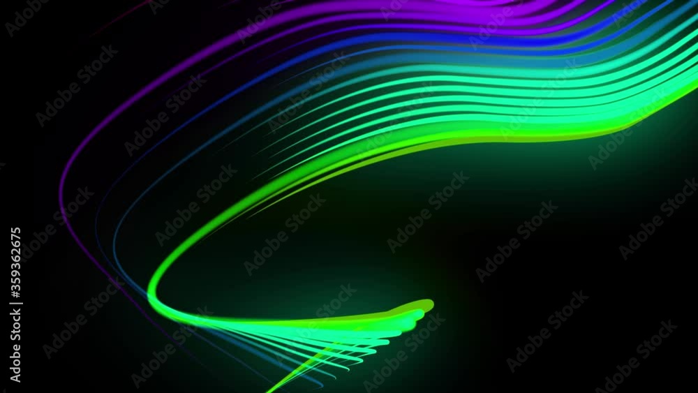 Poster multi-colored neon lines of ribbon fly in the air, smoothly oscillation and wave. lines color change