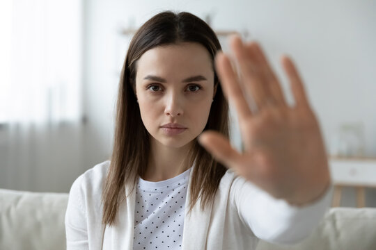 Girl Show To Camera Stop Gesture Fights Against Abortion, Discrimination, Close Up. Struggle For Female Suffrage And Gender Equality, Against Domestic Violence. Global Movement Of Women Rights Concept