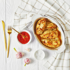  baked chicken breasts in a baking dish