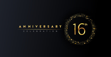16th anniversary logo with confetti and golden glitter ring isolated on black background, vector design for greeting card and invitation card.