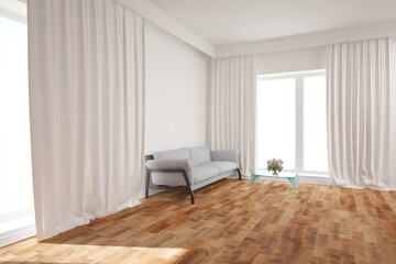 modern empty room with sofa,curtains,table with flowers interior design. 3D illustration