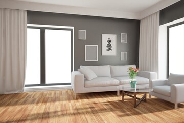 modern room with sofa,armchair,frames,curtains and table with flowers interior design. 3D illustration