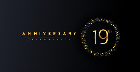 Fototapeta premium 19th anniversary logo with confetti and golden glitter ring isolated on black background, vector design for greeting card and invitation card.