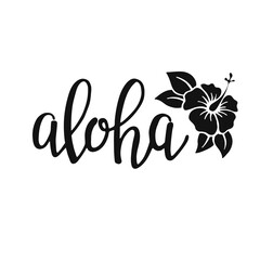 Aloha - hand written lettering. Text isolated on white background with design elements. Summer typography for photo overlays, t-shirt print, flyer, poster design. Beach life message