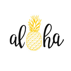 Aloha - hand written lettering. Text isolated on white background with design elements. Summer typography for photo overlays, t-shirt print, flyer, poster design. Beach life message © Darya