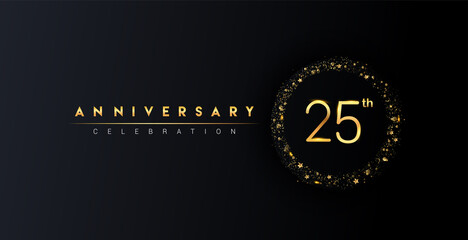 25th anniversary logo with confetti and golden glitter ring isolated on black background, vector design for greeting card and invitation card.