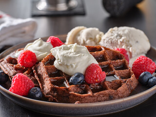 chocolate waffles with icecream and berries