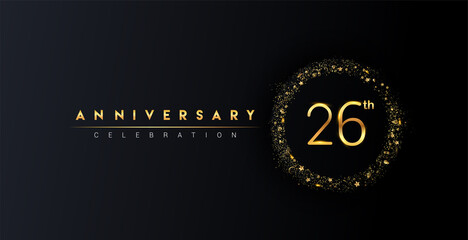 26th anniversary logo with confetti and golden glitter ring isolated on black background, vector design for greeting card and invitation card.