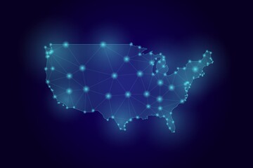 Fototapeta na wymiar Map of the USA created from lines, bright points and polygons. Map of United States of America Vector illustartion.