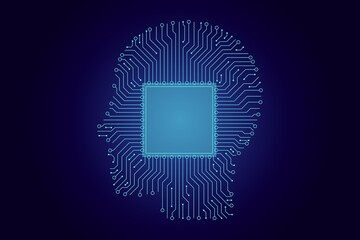 Artificial intelligence concept. Computer chip in a human head silhouette. Modern technologic brain on dark blue background. Vector illustration.