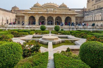 Jaipur, Rajasthan, India; Feb, 2020 : the garden in front of the Seesh Mahal at Amber Fort, Jaipur,...