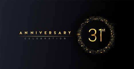 31st anniversary logo with confetti and golden glitter ring isolated on black background, vector design for greeting card and invitation card.