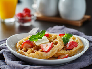 breakfast waffles with strawberries and syrup