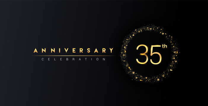 35th anniversary logo with confetti and golden glitter ring isolated on black background, vector design for greeting card and invitation card.