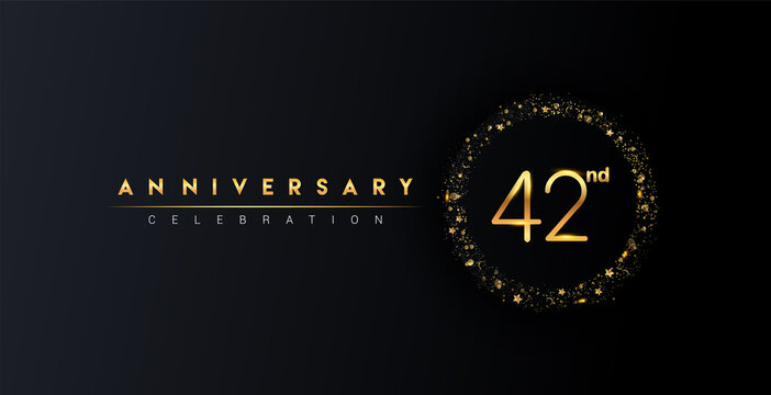 42nd anniversary logo with confetti and golden glitter ring isolated on black background, vector design for greeting card and invitation card.