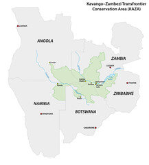 Vector map of the Kavango-Zambezi Transfrontier Conservation Area (KAZA) in southern Africa