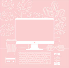Women workspace. Desktop computer with pot plant, cup of coffee, credit card, keyboard, phone and glasses. Vector illustration